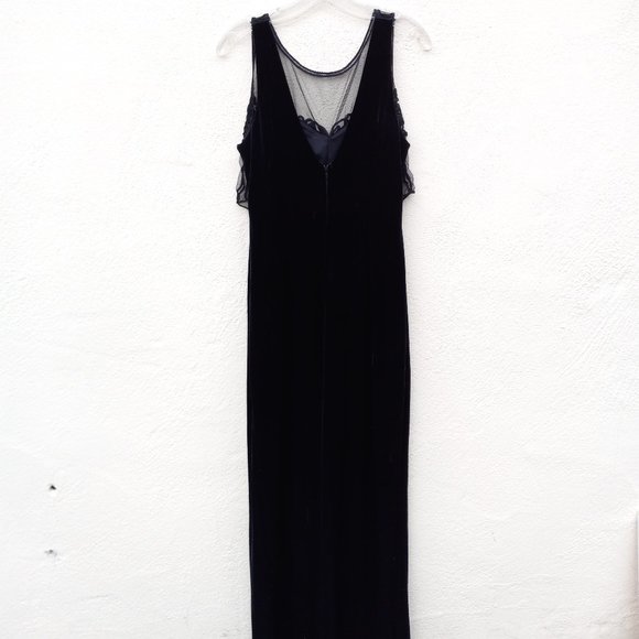 Vintage Velvet Embellished Mesh Overlay Maxi Cocktail Evening Gown 90s 80s - Picture 11 of 16